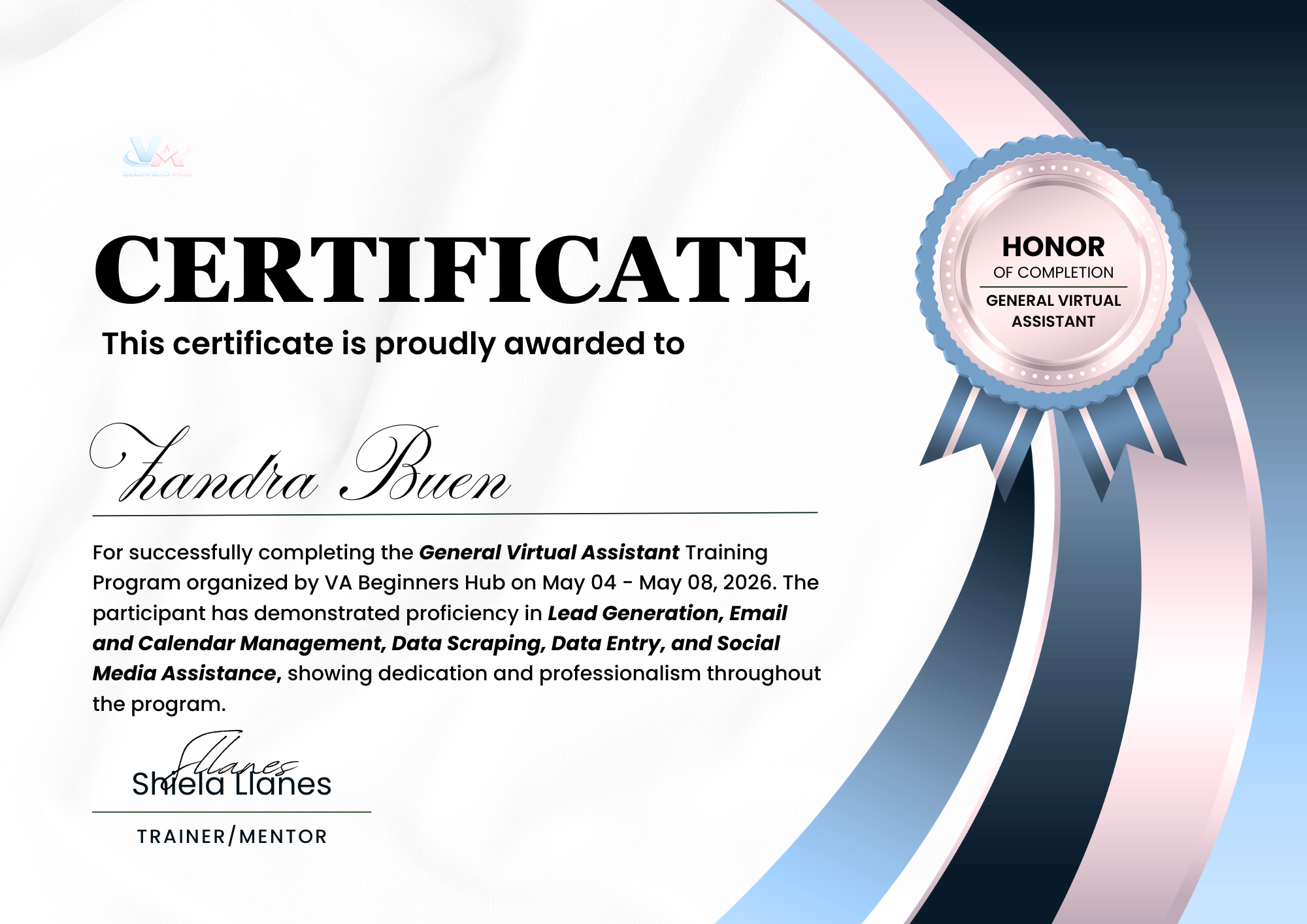 Virtual Assistant training certificate of completion