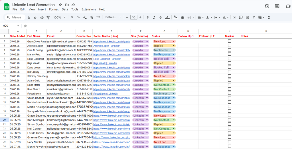 LinkedIn lead generation spreadsheet sample by Zandra Buen