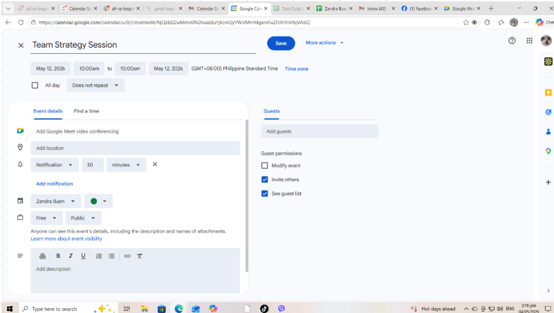 Google Calendar meeting schedule sample for virtual assistant task progress review