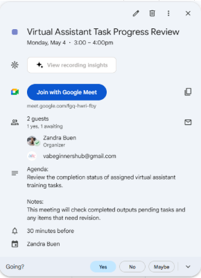 Google Calendar meeting schedule sample for virtual assistant task progress review