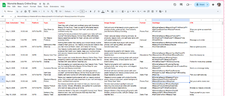 Social media content calendar spreadsheet with captions, hashtags, image ideas, schedule, and CTA